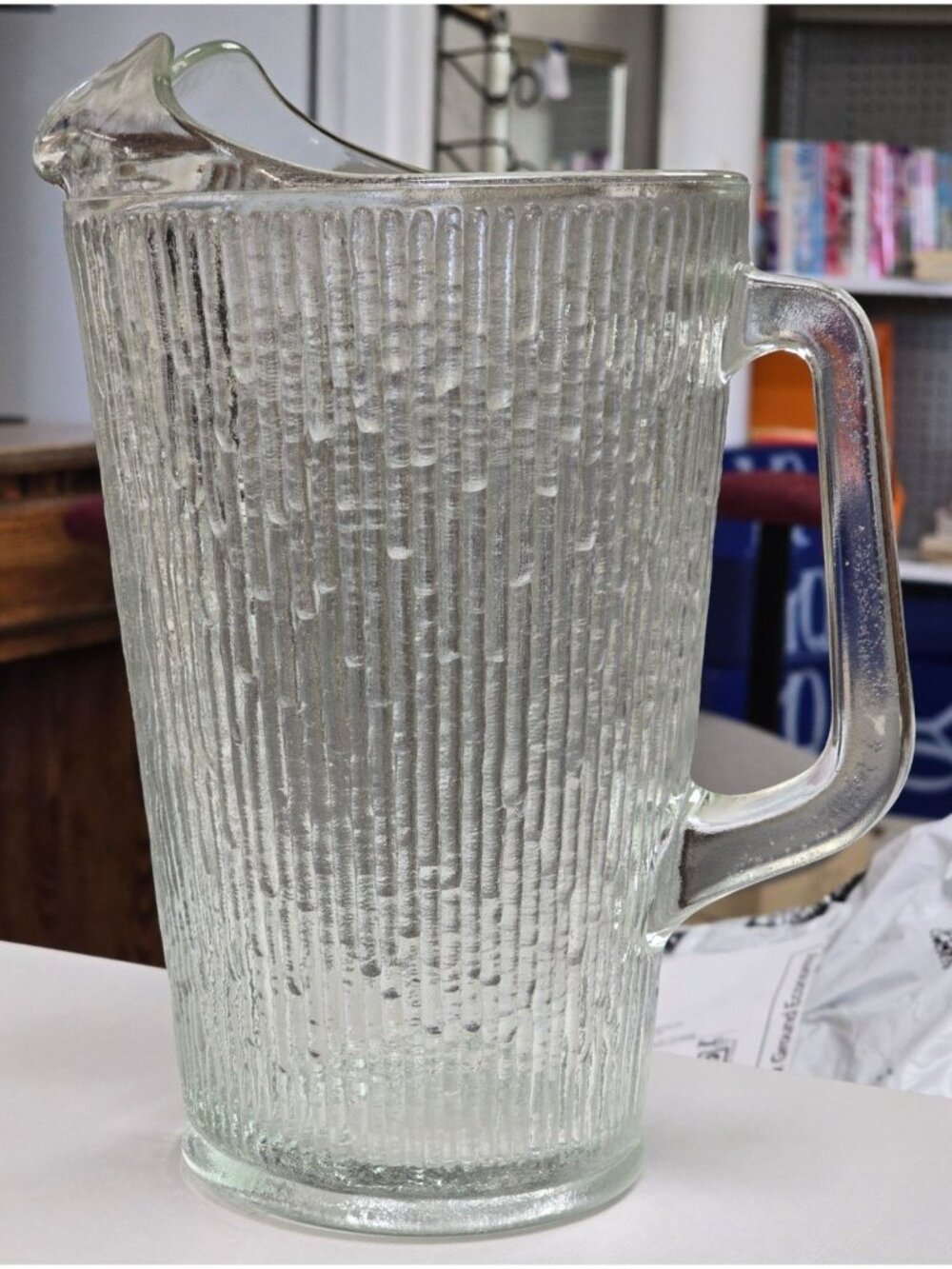 Vintage Ribbed Glass Tree Bark Pitcher & Handle & Spout Textured Clear 2 Quart